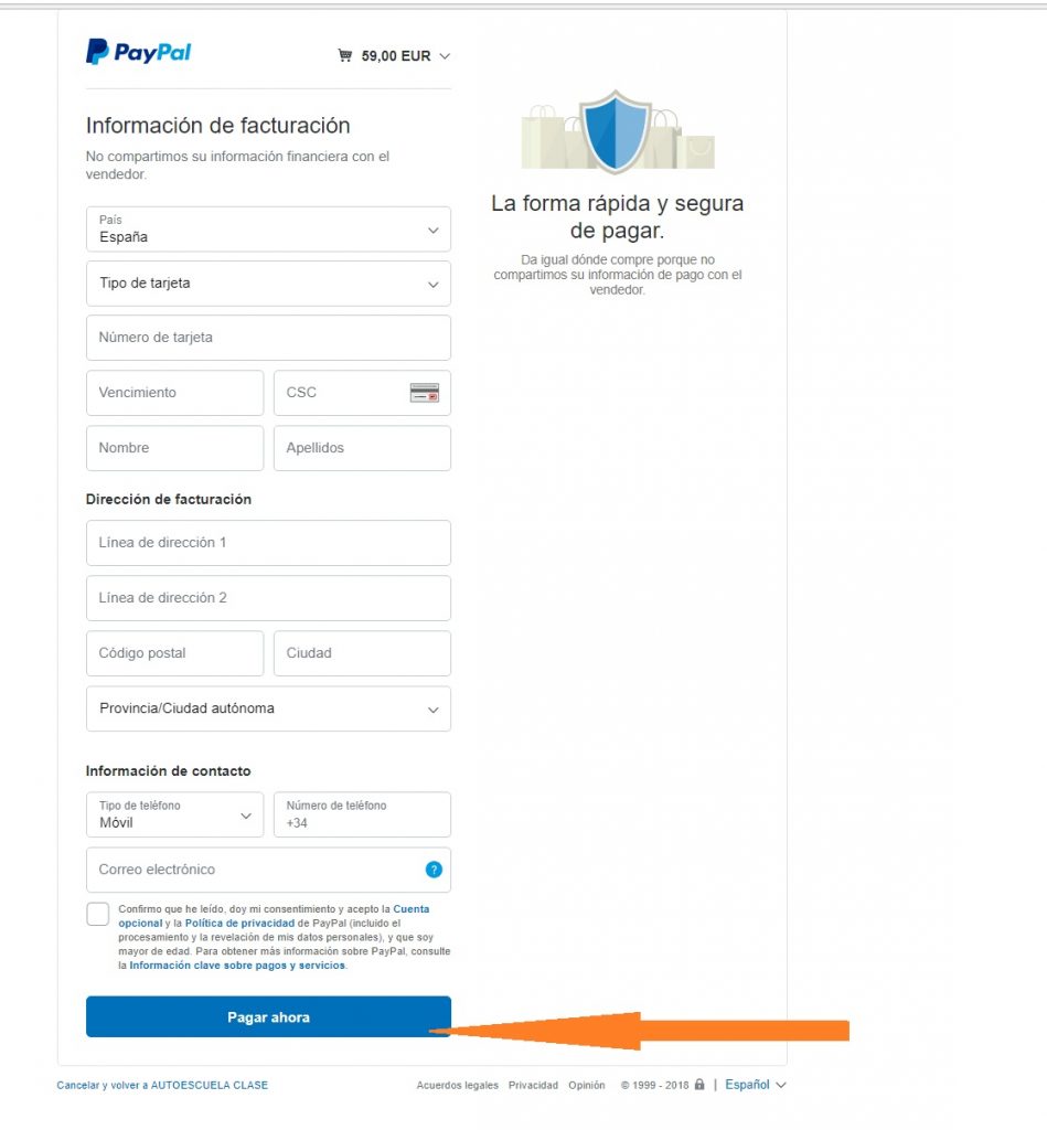 PAGAR AHORA. Como pagar en paypal sin cuenta, solo con tarjeta de crédito. Autoescuela Clase, tu autoescuela en Valencia, la mejor opción para sacarte el carnet y conducir en Valencia.